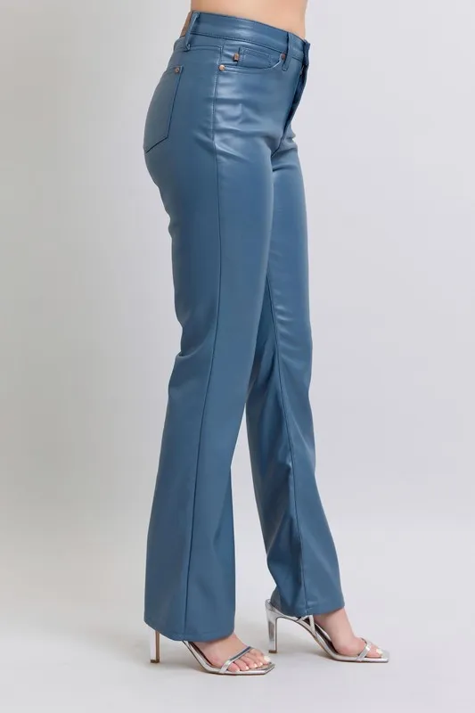 Blue Full Size High Waist Tummy Control Faux Leather Bootcut Pants Plus Size
