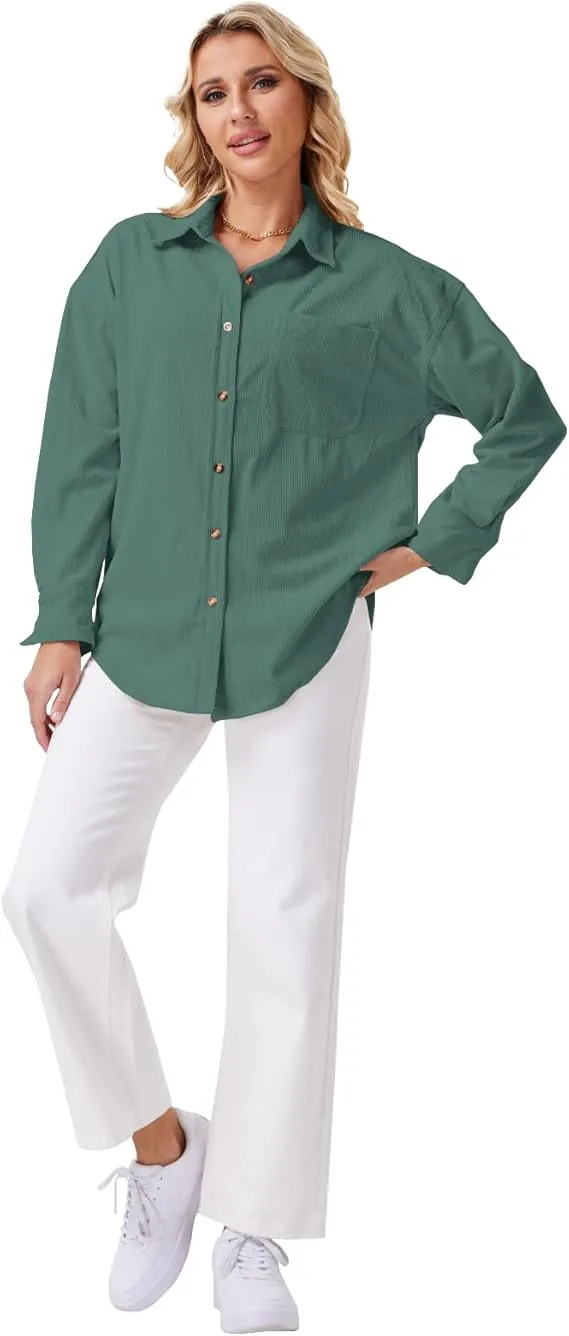Women's Plain Pocket Button Front Corduroy Shirt