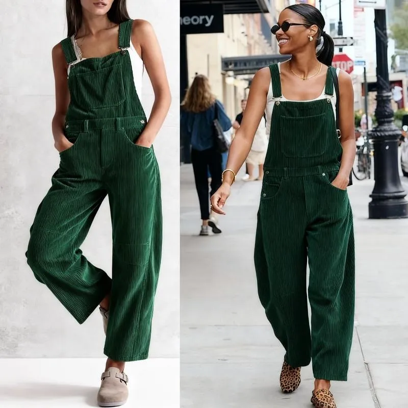 Women Barrel Wide Leg Bib Corduroy Pants