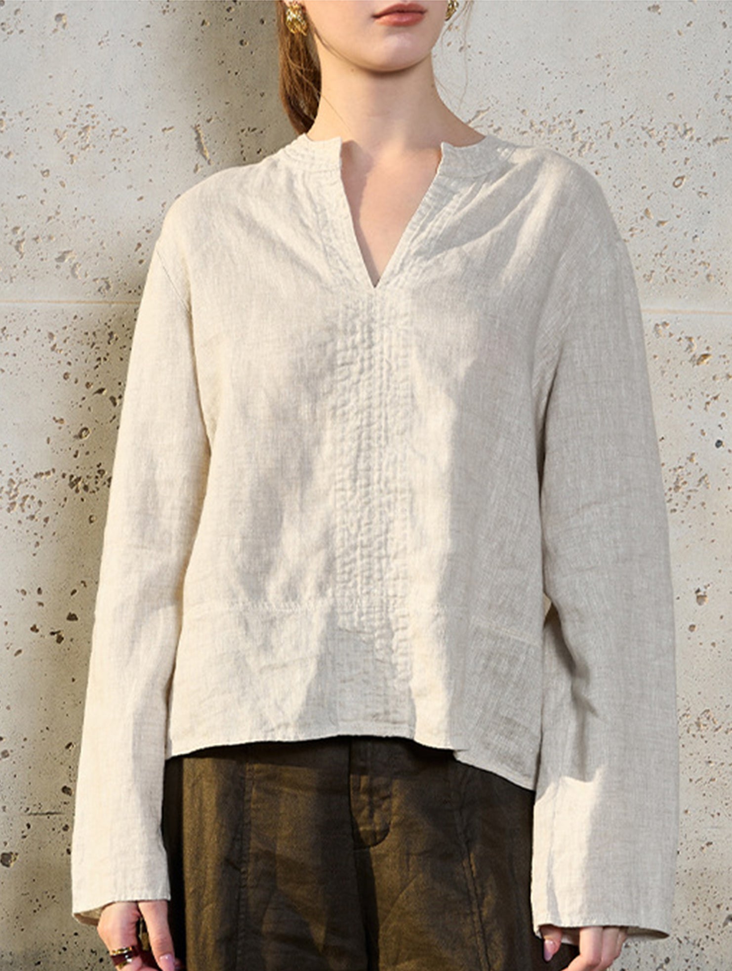 Pure Linen V Neck Long Sleeve Work Tee_CWTBLL02353
