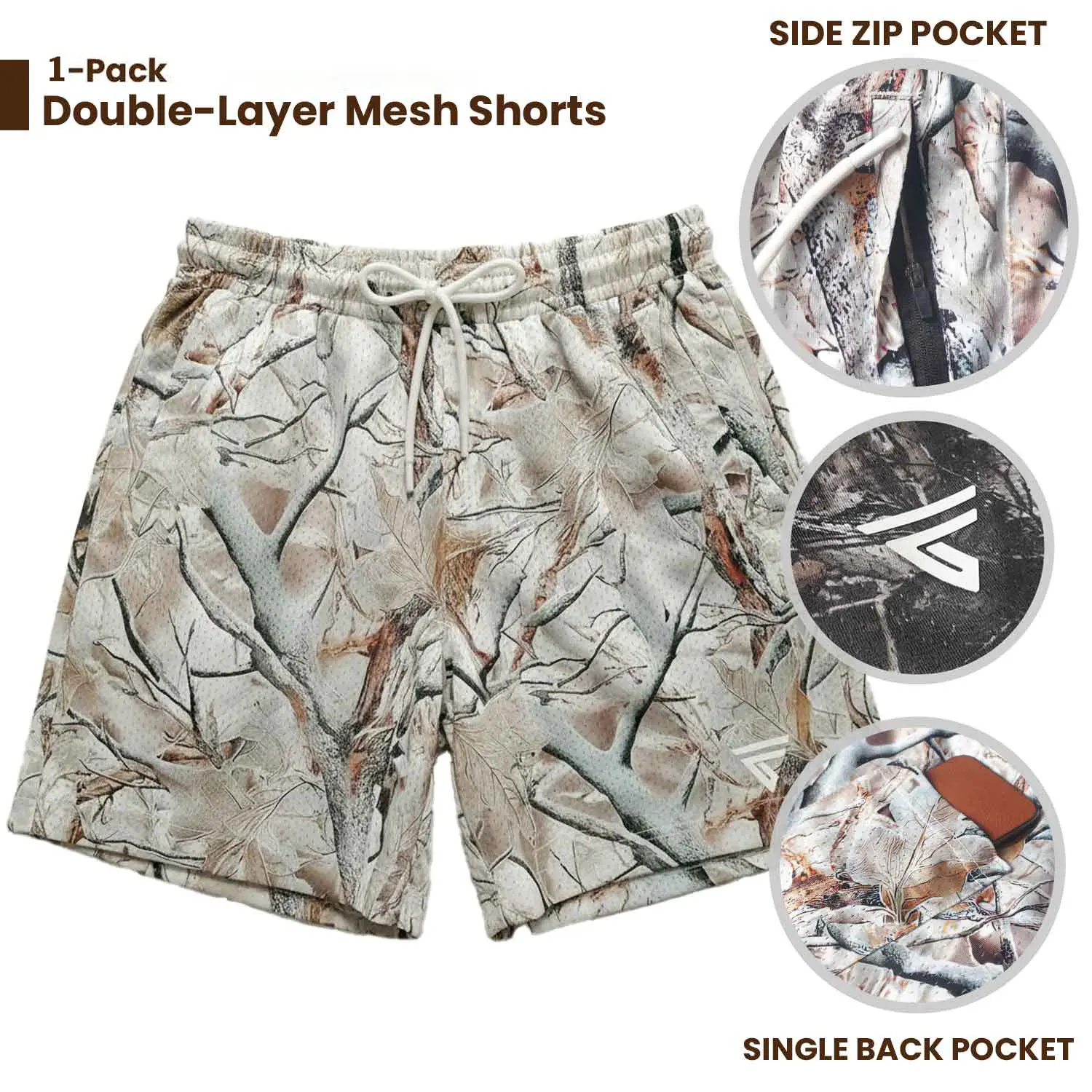 Pack 3 Men’s Hunting Camo Double-Layer Shorts – Breathable Gym/Running Shorts with Zip Side Pockets