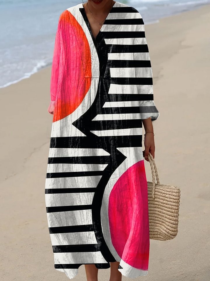 Women's Vintage Abstract Geometry Print Casual Cotton And Linen 3/4 Sleeve Shirt