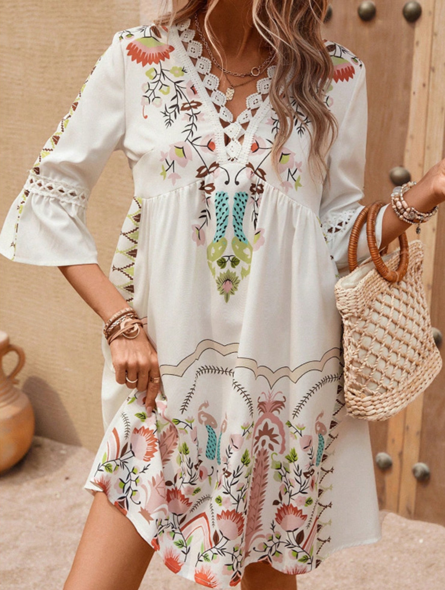 V Neck Lace Patch Print Dress