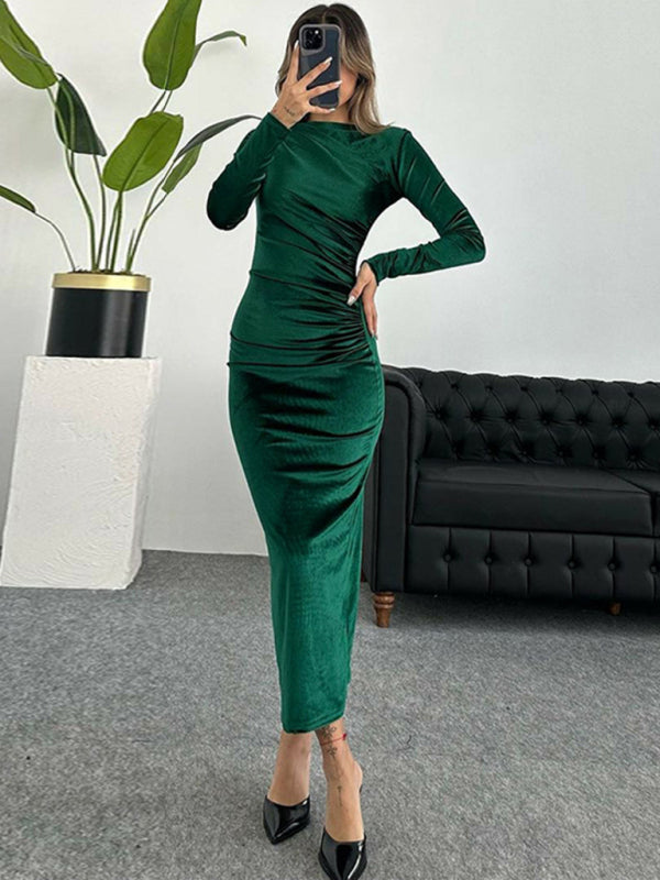 Pleated Round Neck Long Sleeve Bodycon Midi Dress