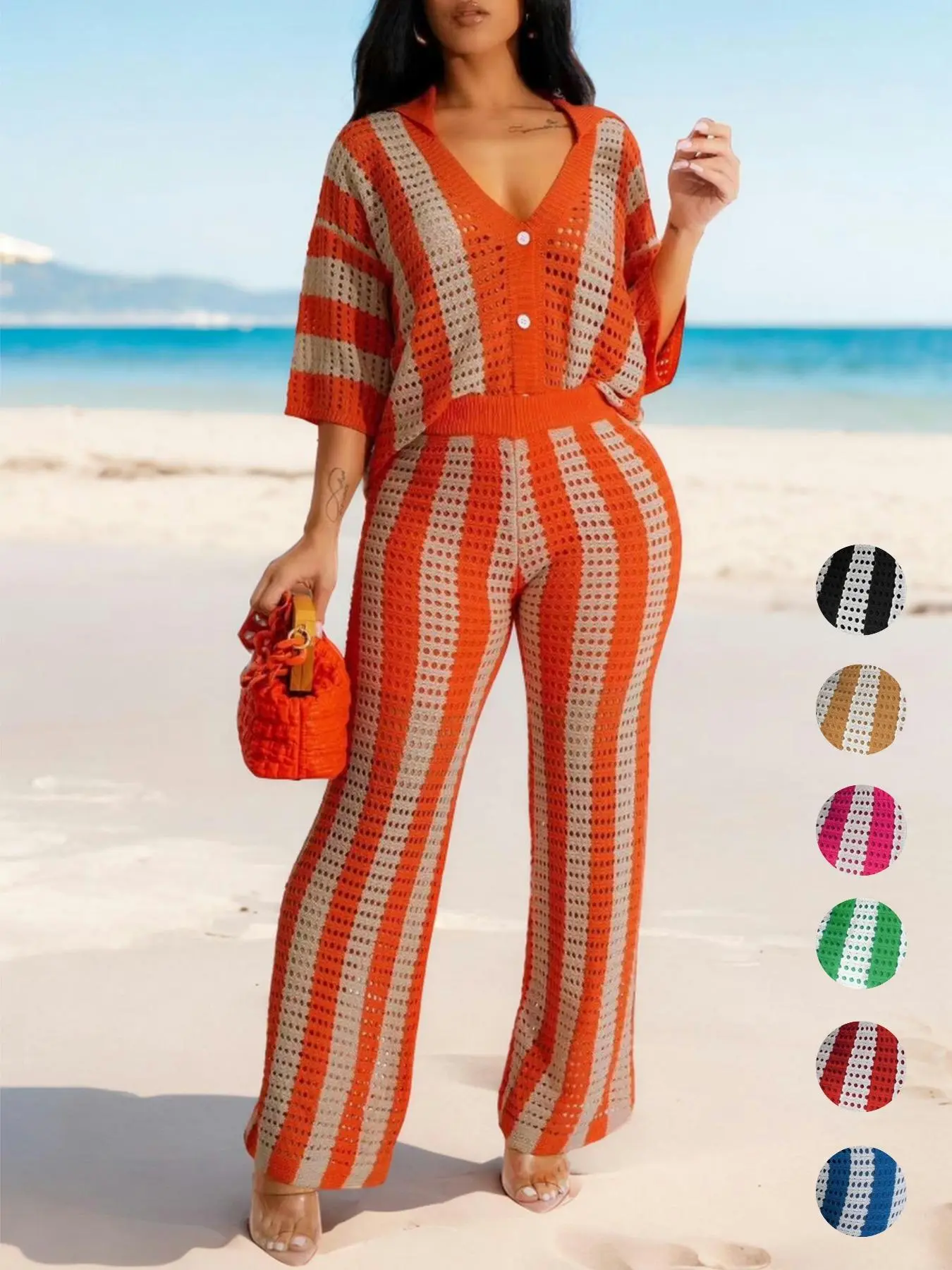 Two-Piece Set Women's Colorblock Striped Print Hollow Out Button Front Top & Wide Leg Pants