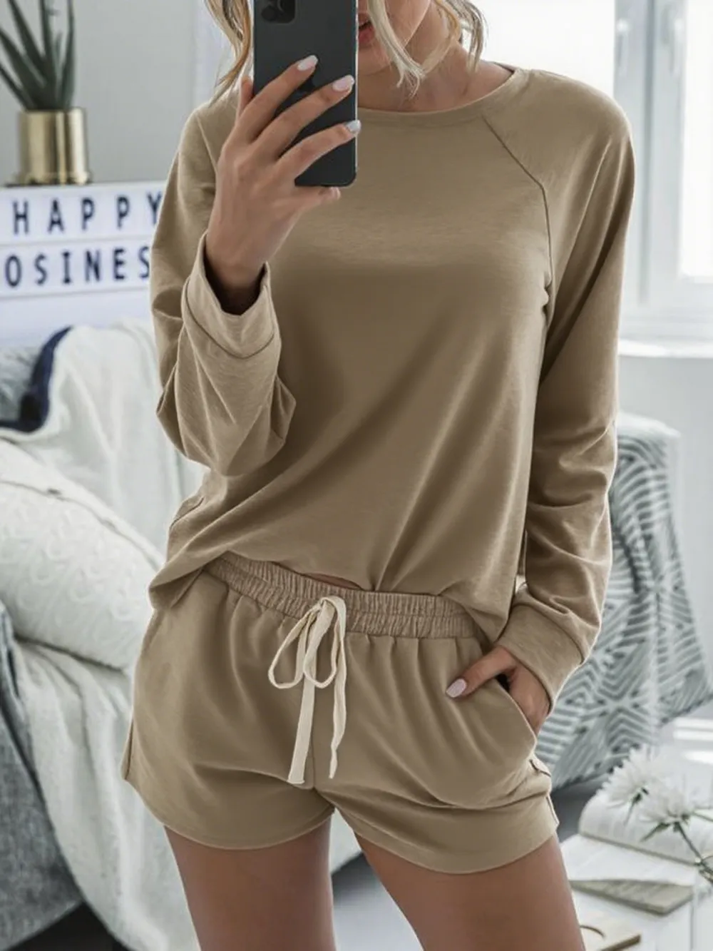 Long Sleeve Round Neck Top & Pocket Shorts Pajamas Set