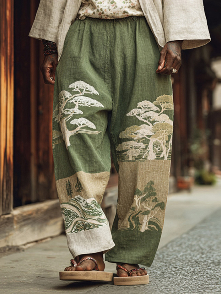 Men's Retro Japanese Tree Print Linen Casual Pants