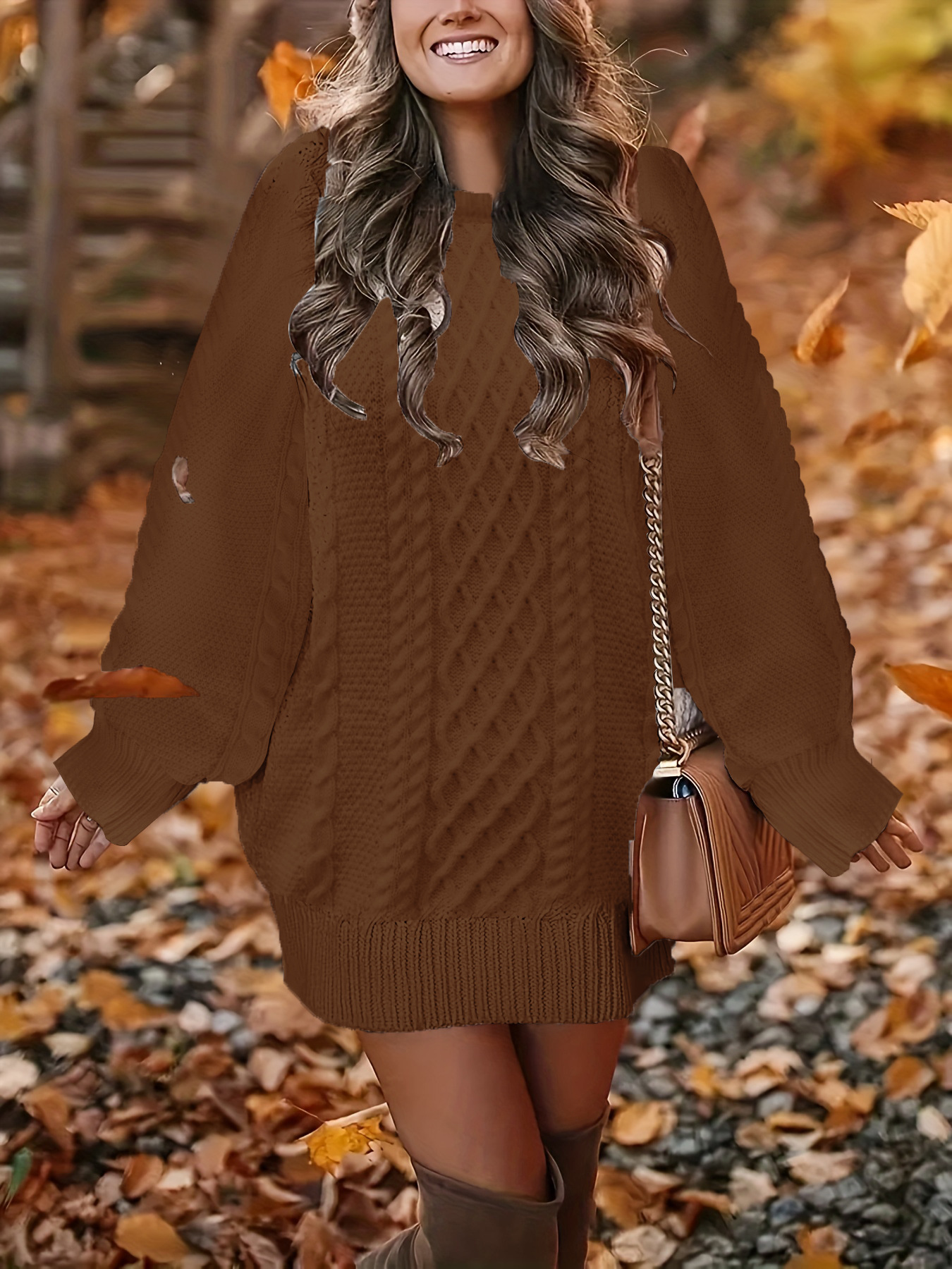 （ In stock）Women Round Neck Hip-pack Versatile Knitted Casual Dress