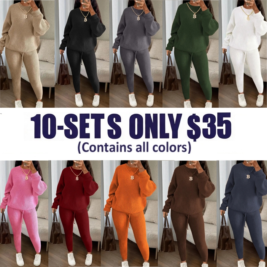 🔥Women's Solid Round Neck Drop Shoulder Sweater & Drawstring Waist Pants Knit Set, Casual Cozy Knitwear for Daily Outdoor Wear, Ladies Fall & Winter Outfits, Women's 2 Pcs Sweater Set