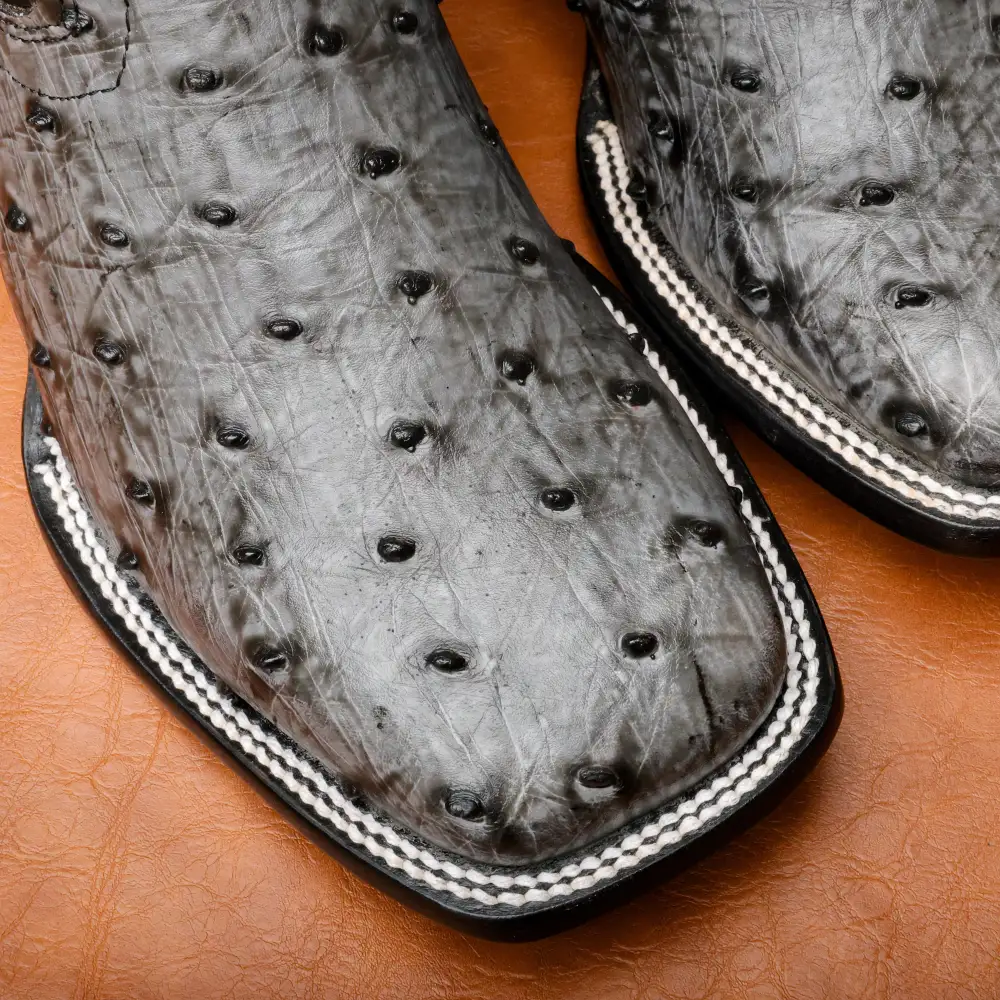 Grey Ostrich Leather Boots - Square Toe