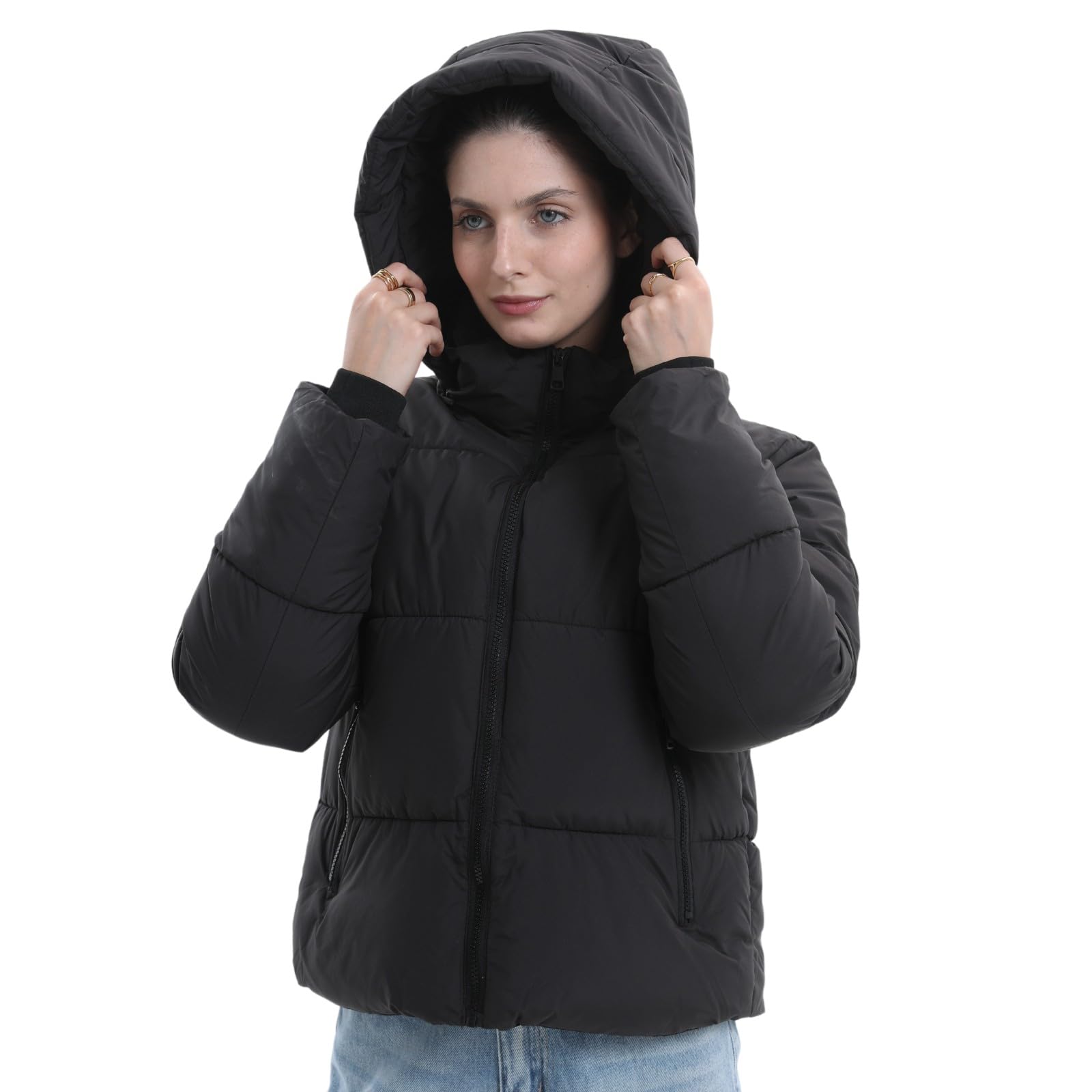 WarmCore Premium Short Puffer Jackets with Removable Hood & Optional Faux Fur Linging, Lady Casual Outerwear Longsleeves Zip Pockets Warm Quilted Coat