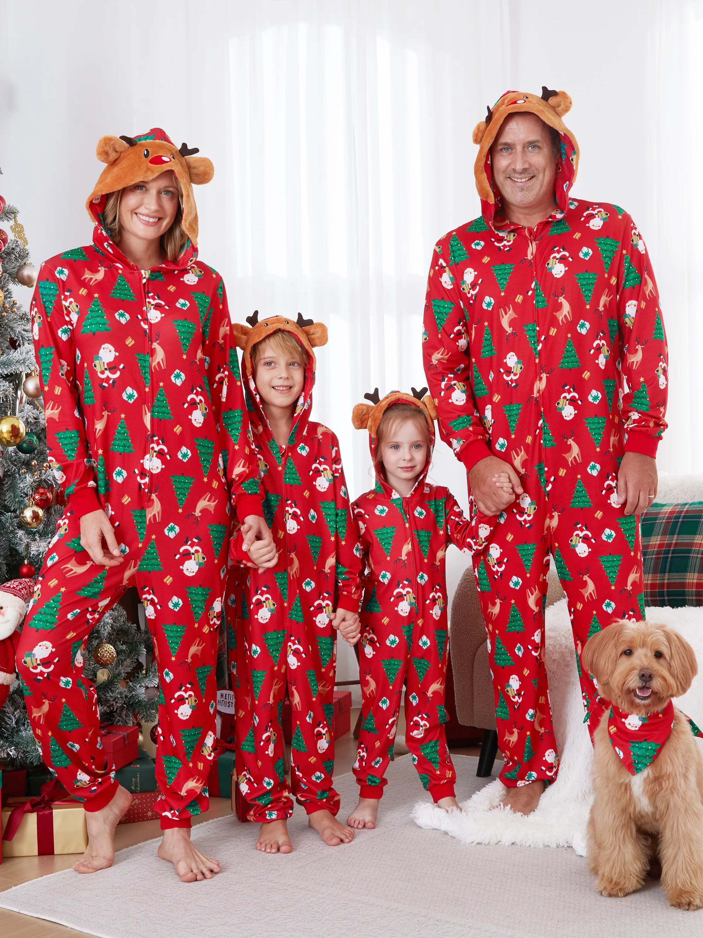 Christmas Family Pajamas Sets 3D Reindeer Hooded Allover Print Onesies with Christmas Socks Red-2