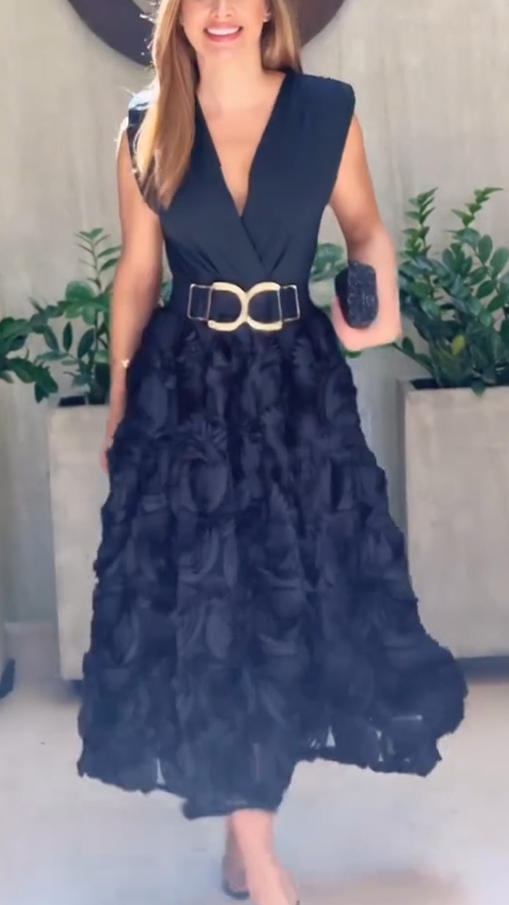 Women Patchwork Three-dimensional Rose Pattern Elegant Temperament Dress