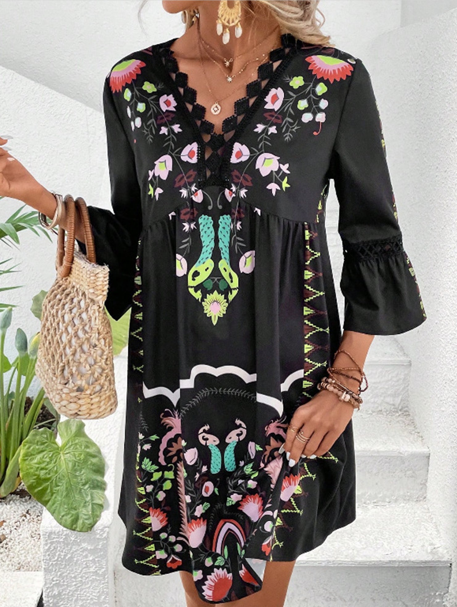 V Neck Lace Patch Print Dress