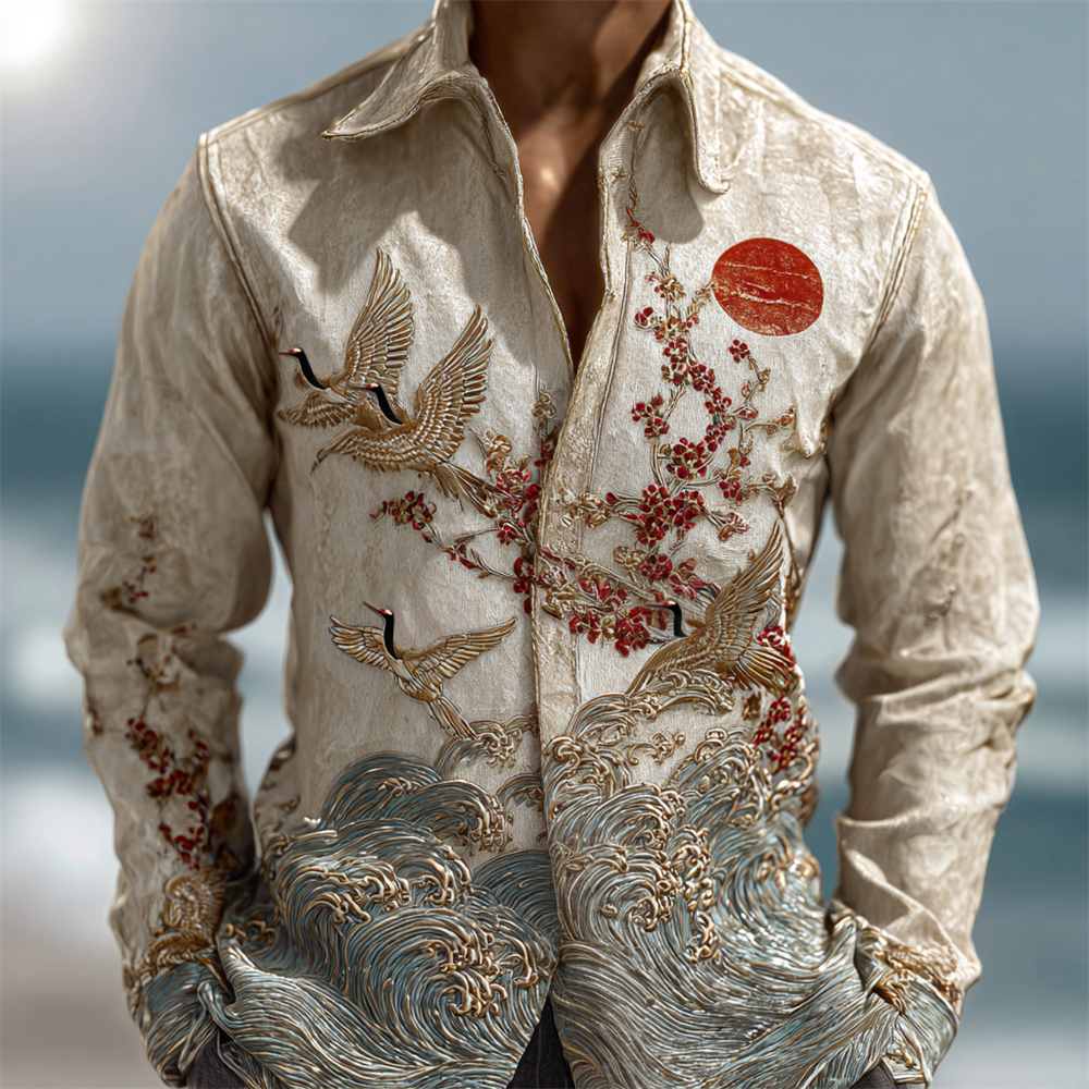 Vintage Japanese Crane & Flower Embroidery Men's Long Sleeve Shirt