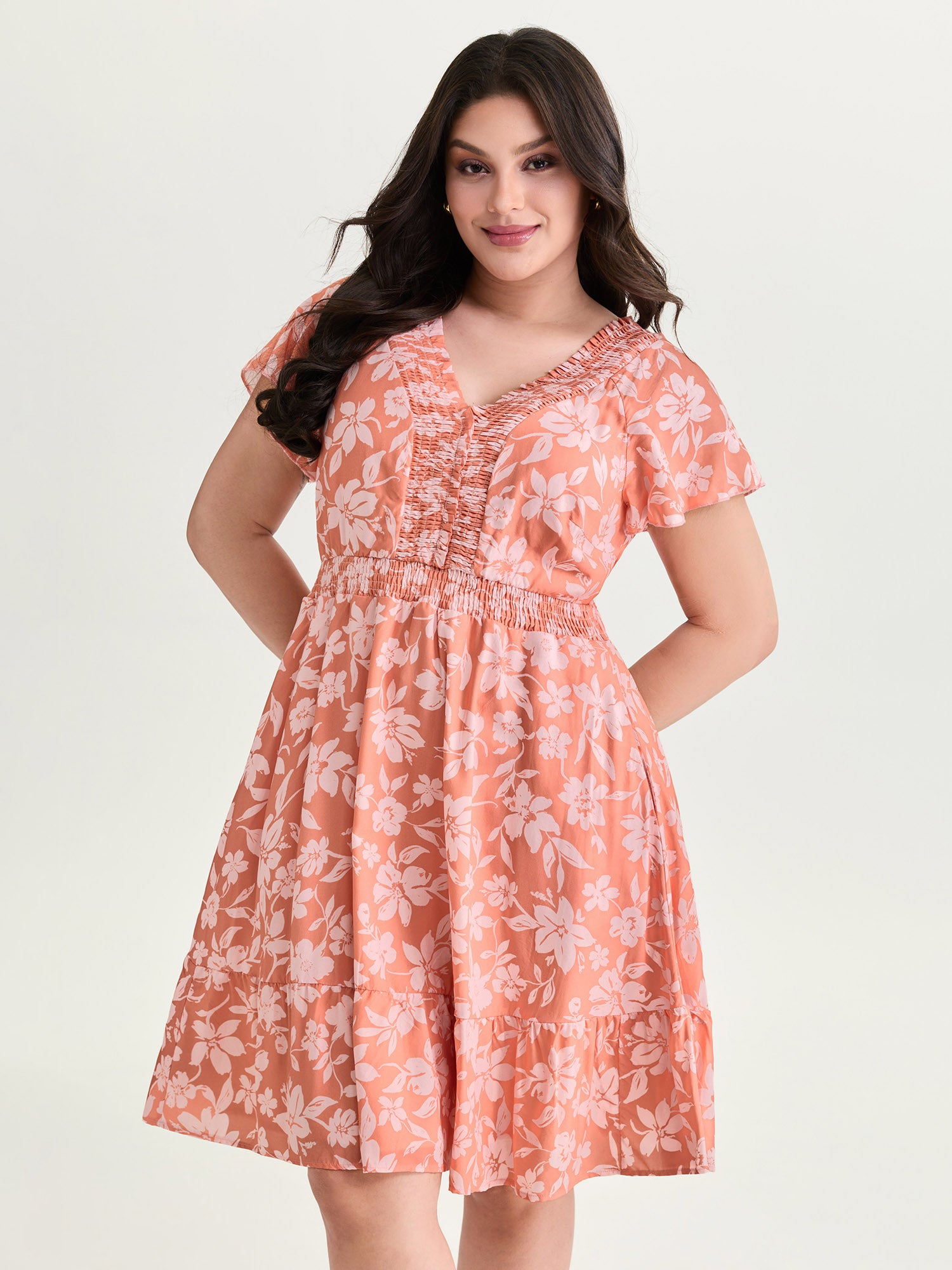 Large Floral Print Shirred Neckline Mini Dress