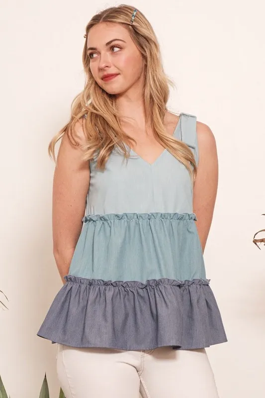 Color Block V-Neck Baby Doll Sleeveless Top