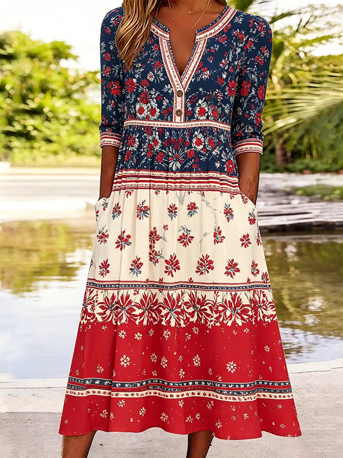 Women'S Casual Floral Art Retro American Independence Day Celebration Printed Dress