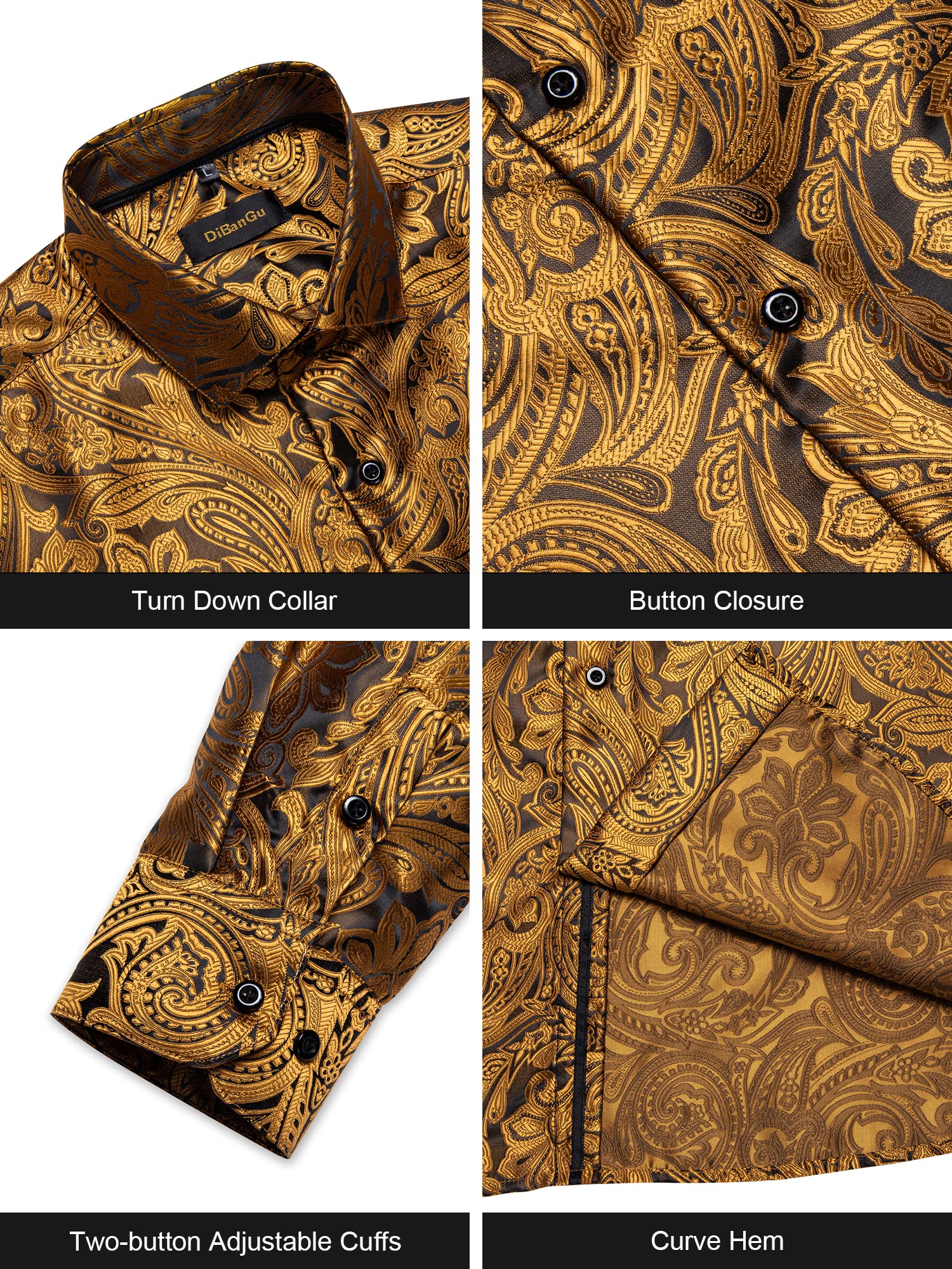 Men's Paisley Dress Shirt Long Sleeve Wrinkle Free Button Down Cowboy Shirts - Gold&paisley