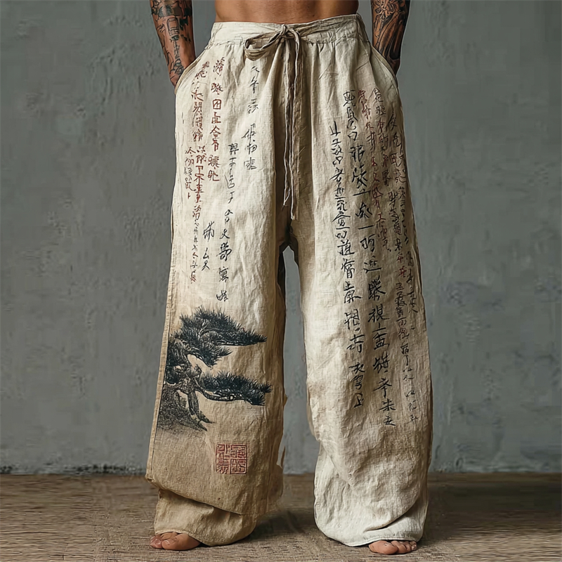 Men's Pine Tree Calligraphy Art Gradient Linen Wide Leg Pants