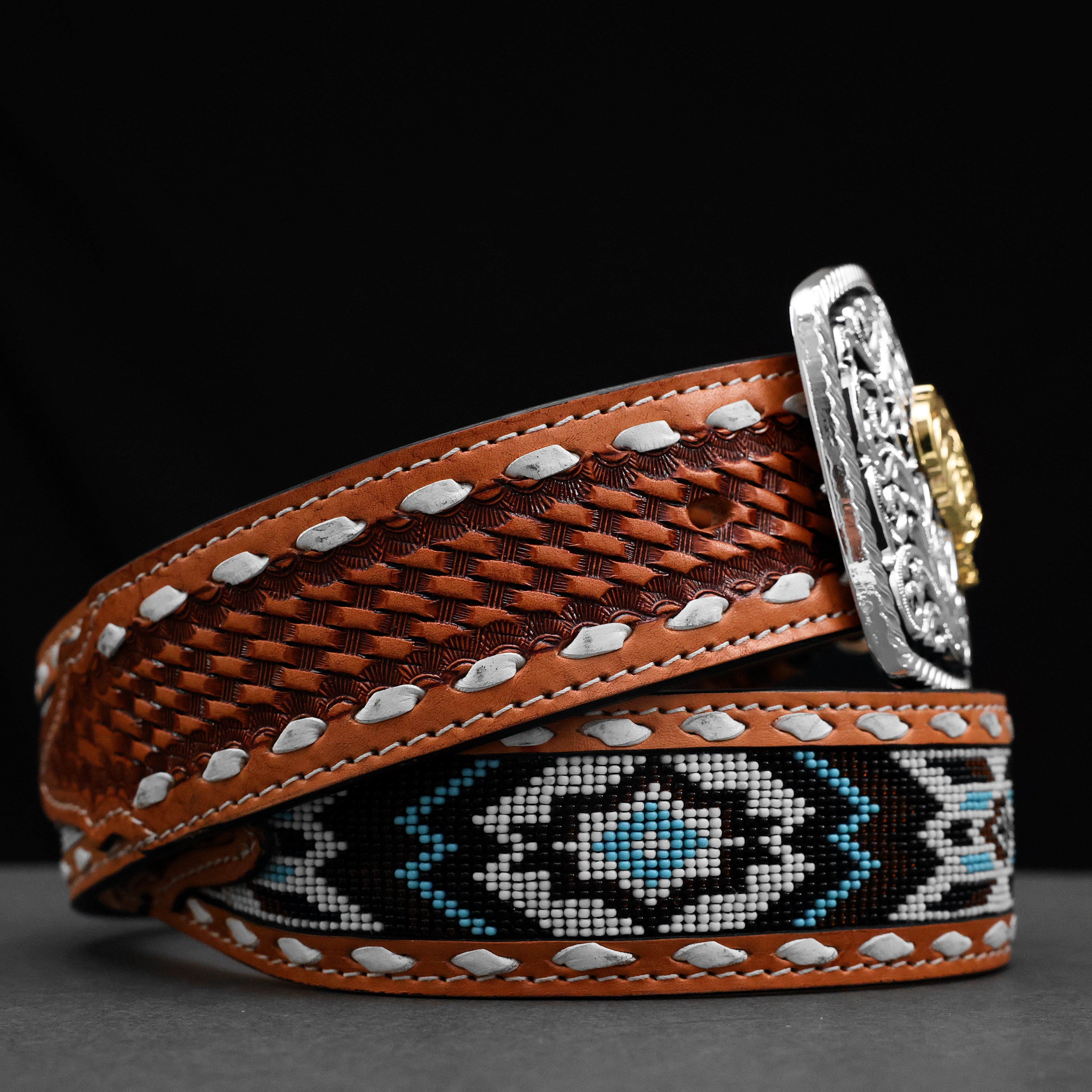 2 Inch Hand-Tooled Artesanal Beaded Leather Belt