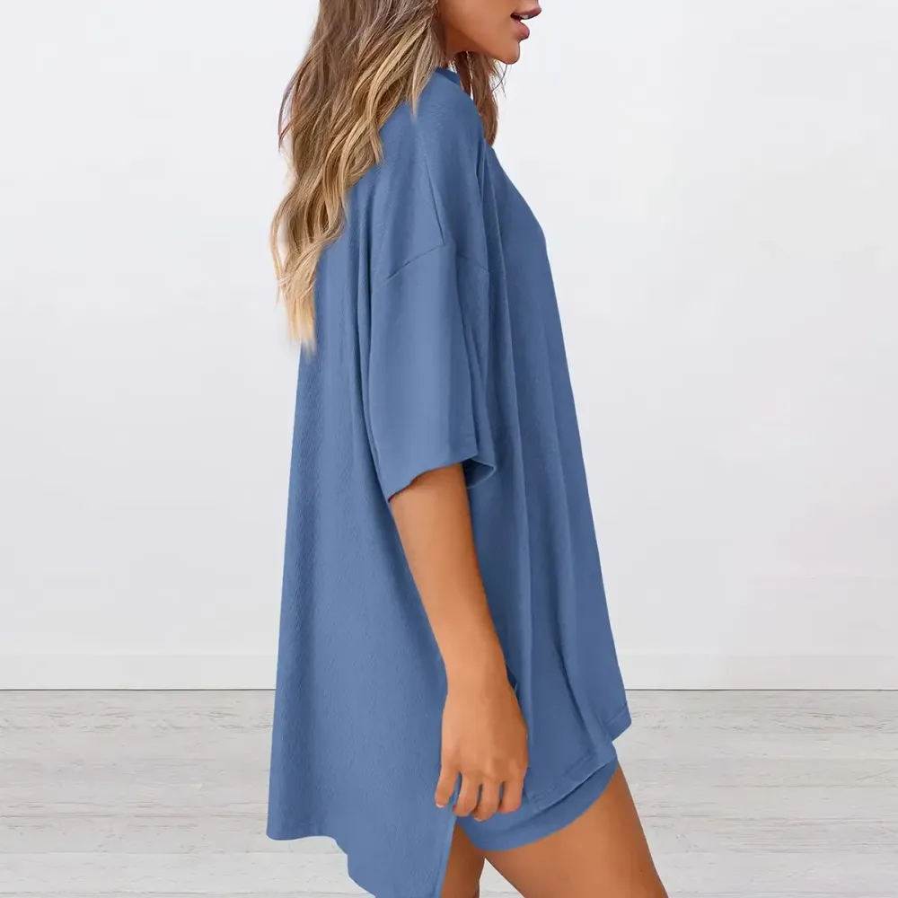 Crewneck Two-Piece Set For Women Summer Casual Oversized Split Hem Shirts