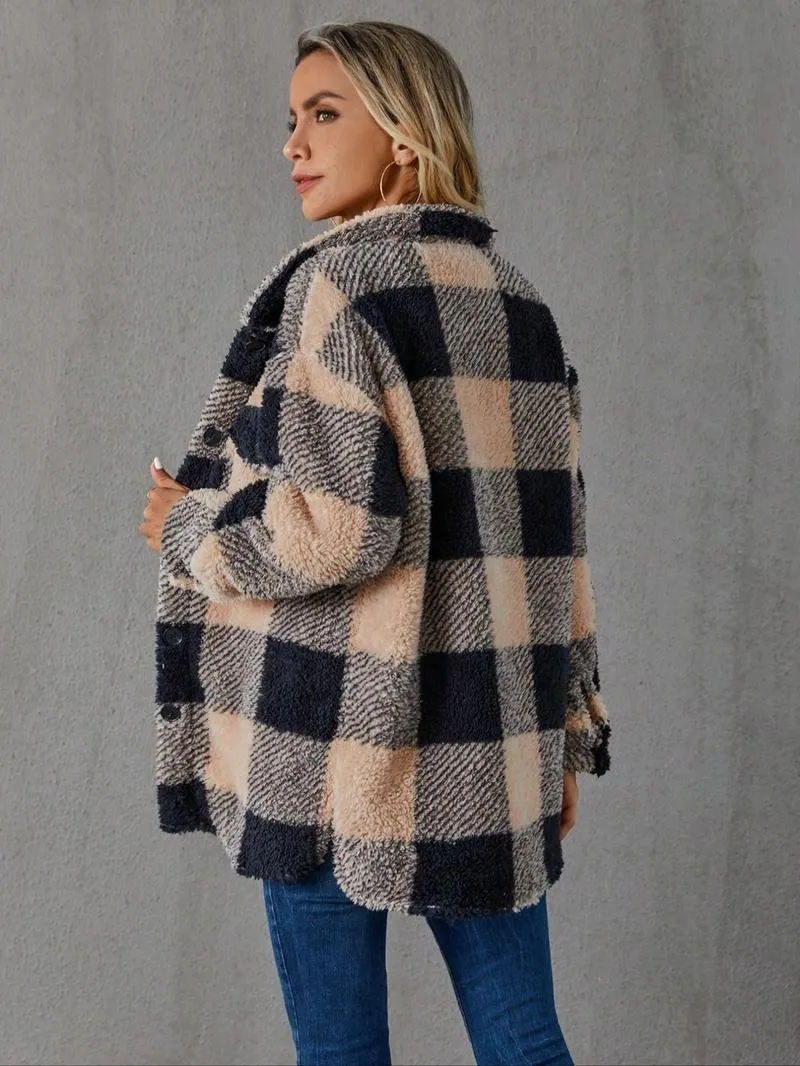 Women's Plaid Print Button Front Fuzzy Coat