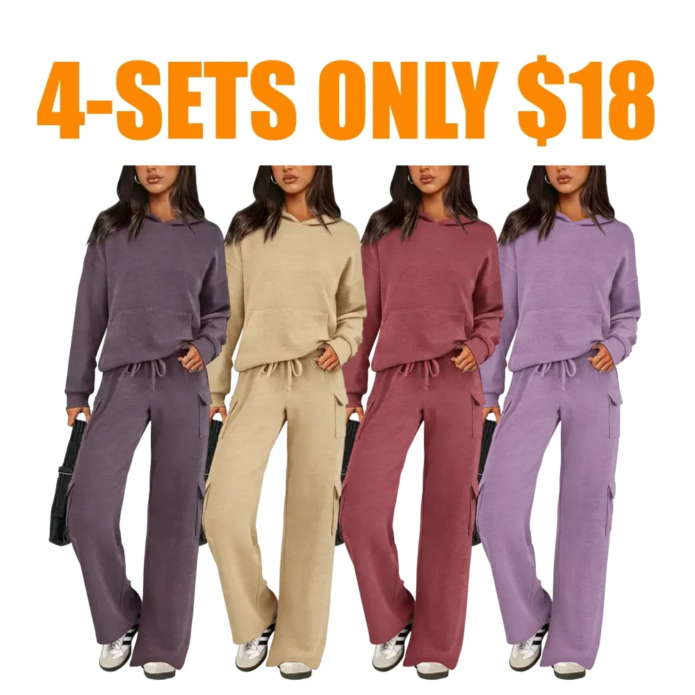 Women’s Casual Knit Tracksuit – Hoodie & Wide Leg Pants with Pockets