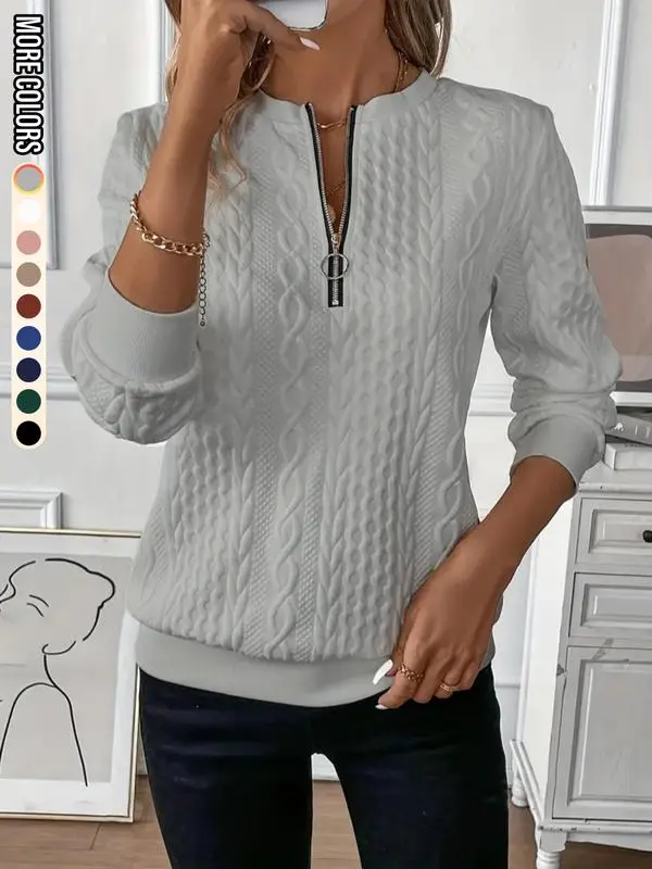 Women'S Plain Textured Half Zip Up Sweatshirt