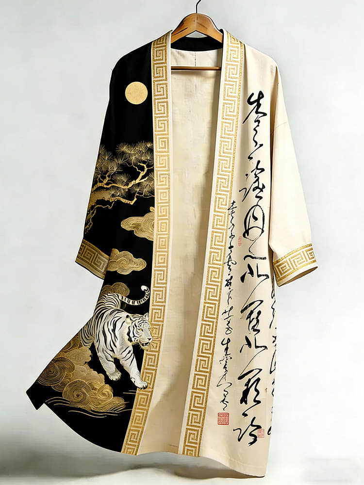 Men's Japanese Retro Calligraphy Tiger Art Flowing Kimono
