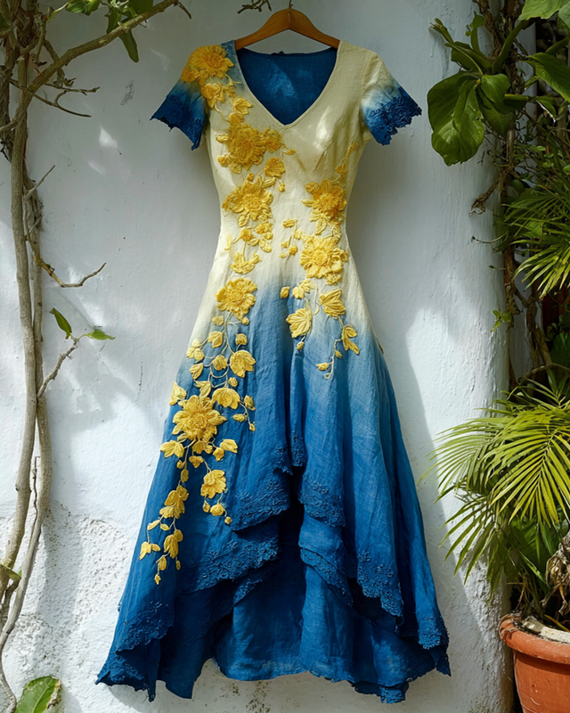 Women's Elegant Gradient Flowers Irregular Ruffle Linen Dress 4591