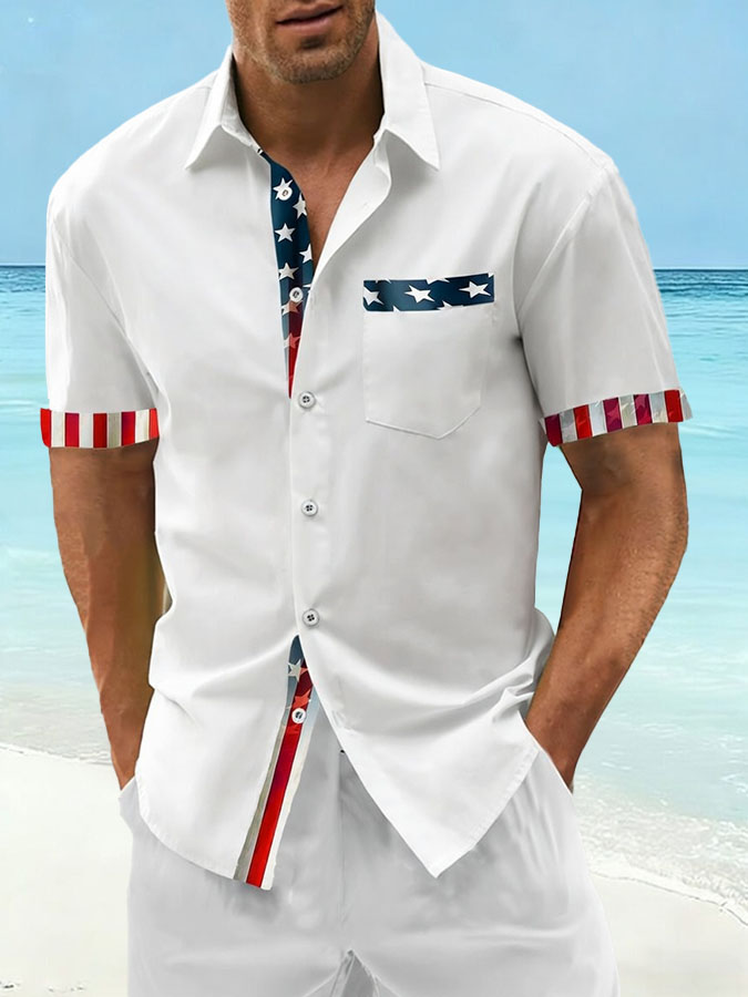Men's Hawaii Vacation US Independence Day Celebration Printed Short Sleeve Shirt (Pocket included)