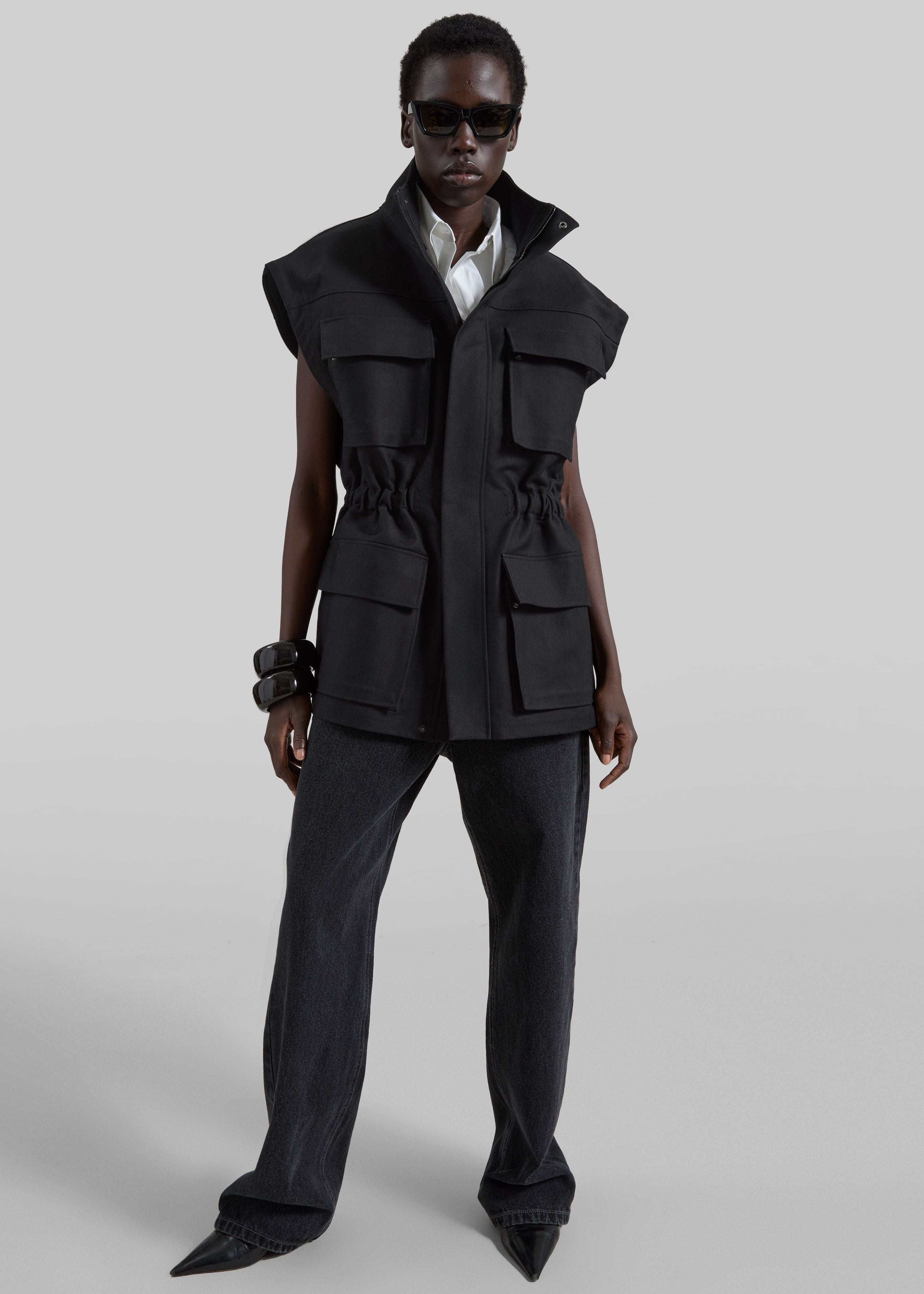 Melton Detachable Sleeve Cargo Jacket - Black