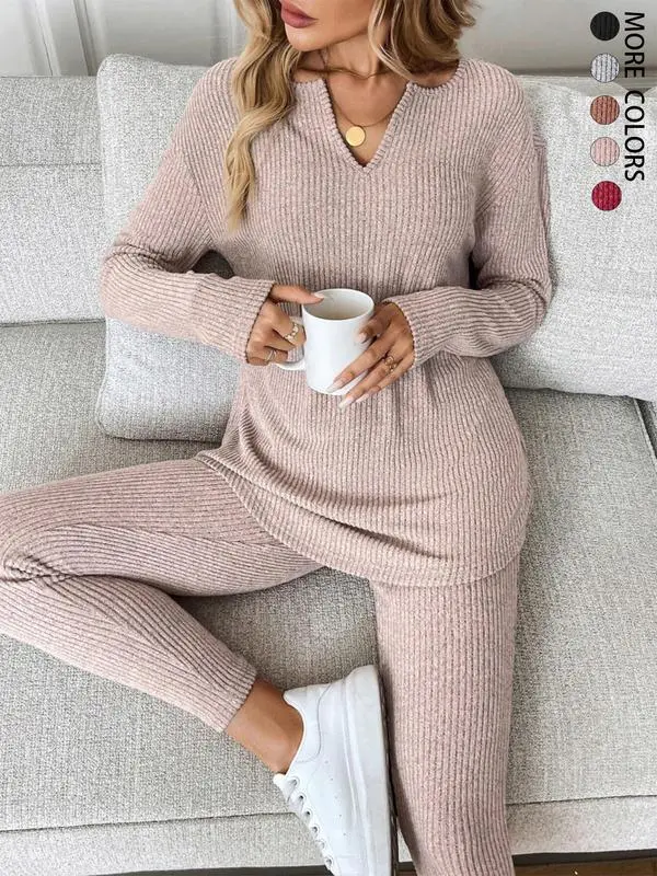 Women’s Plush Rib-Knit Long Sleeve Top & Leggings Set for Autumn/Winter