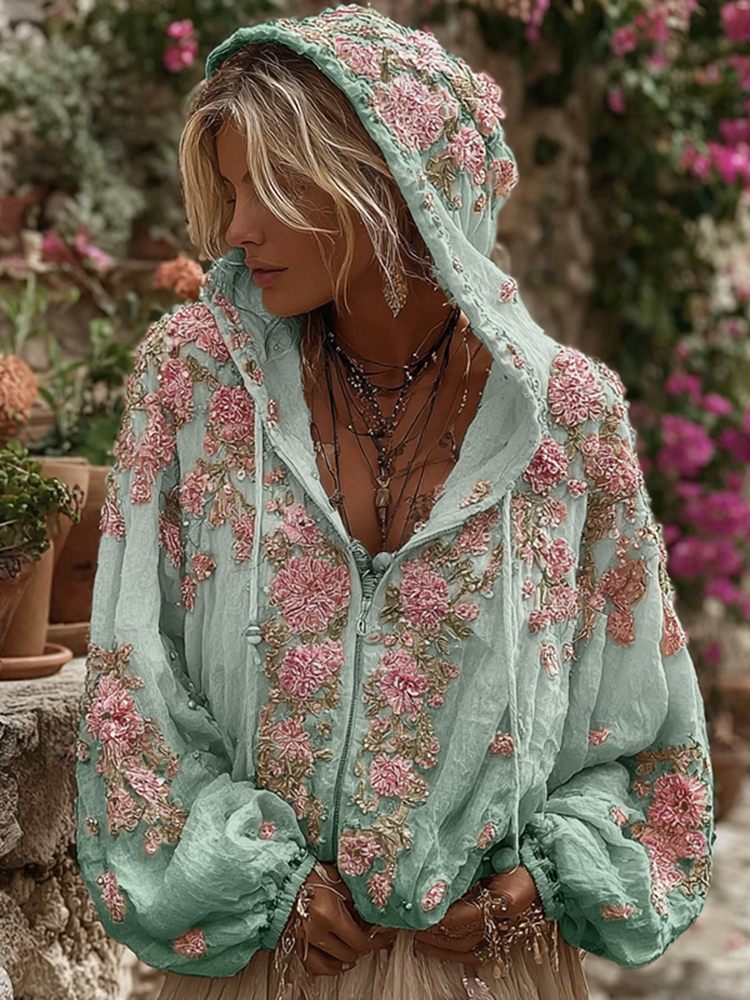 Bohemian Style Pink Rose Vintage Zip-up Hoodie