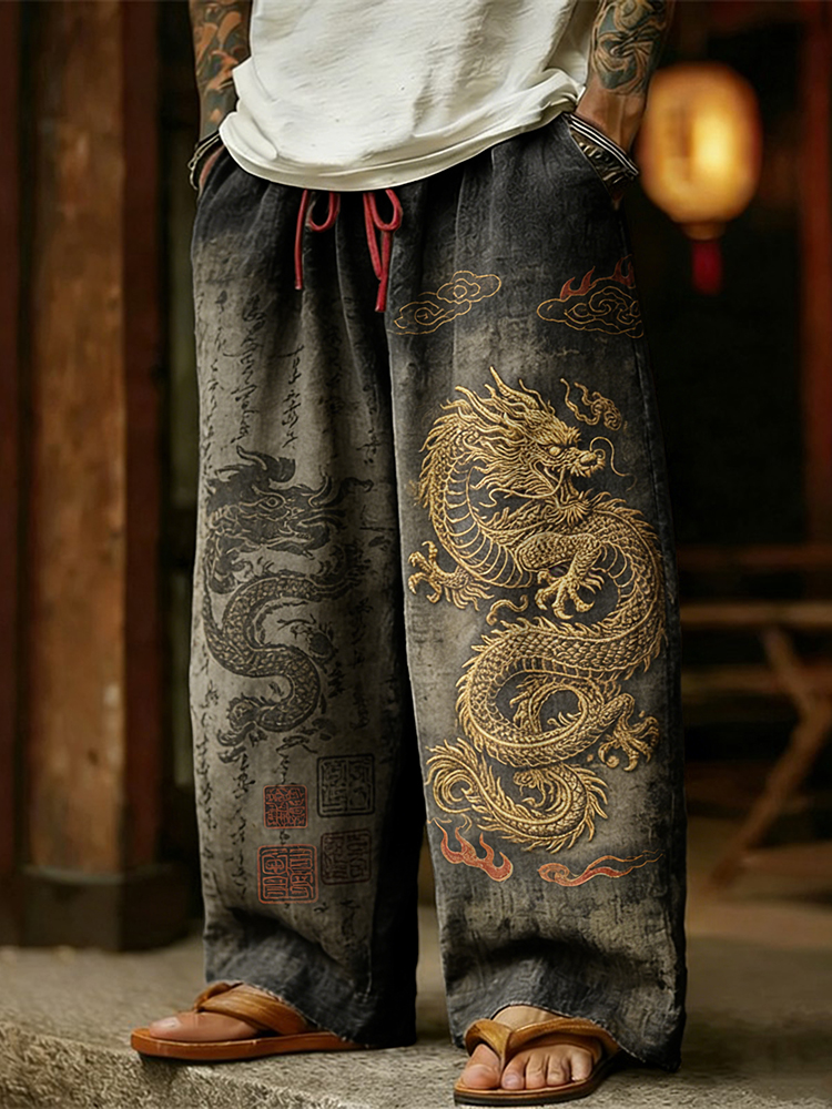 Men's Retro Dragon With Calligraphy Art Linen Pants
