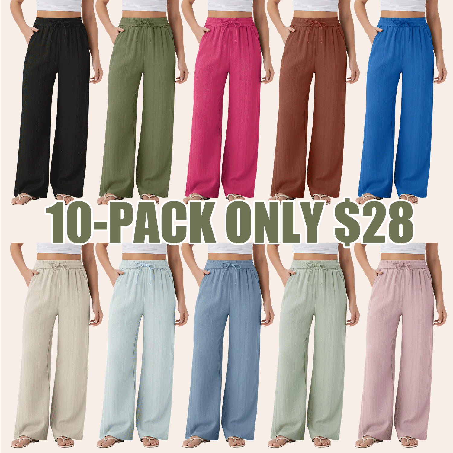 🔥Easter Sale!!High Waisted Drawstring Pocket Wide Leg Casual Linen-Feel Pants