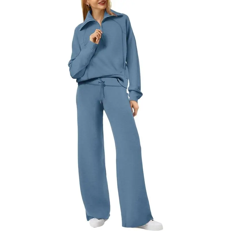 Women's Casual Set 2025 Collection Half-Zip Sweatshirt and Wide-Leg Pants