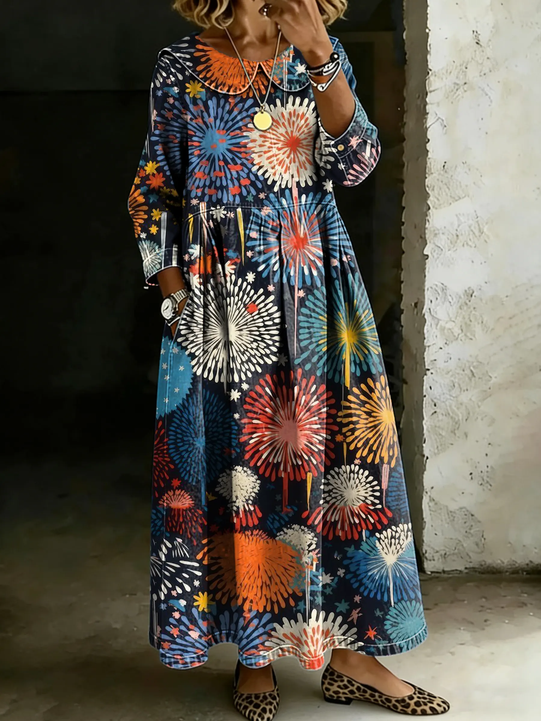 Women's Retro Multicolor Fireworks Art Splicing Long-sleeved Loose-fitting Casual Denim Dress