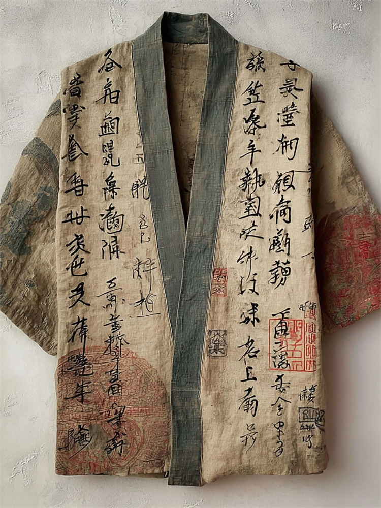 Japanese Ancient Calligraphy Art Linen Kimono Cardigan