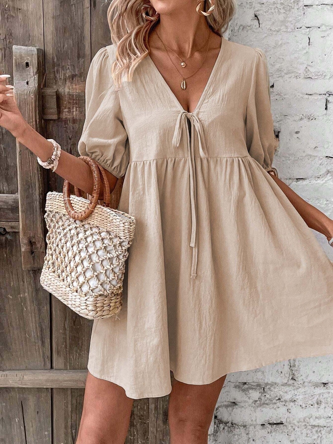 Tie Front Puff Sleeve Mini Dress