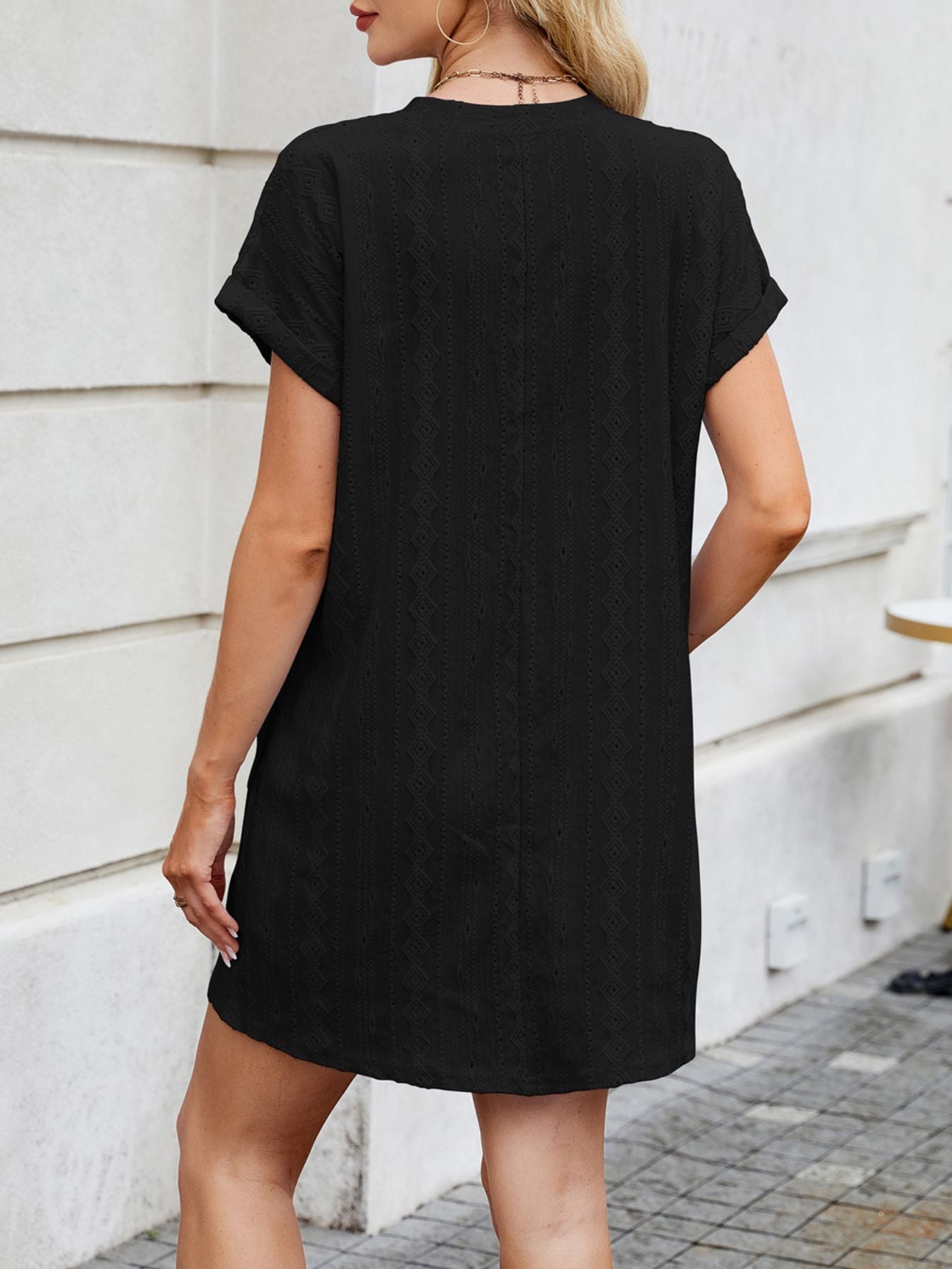 Eyelet Round Neck Casual Mini Dress