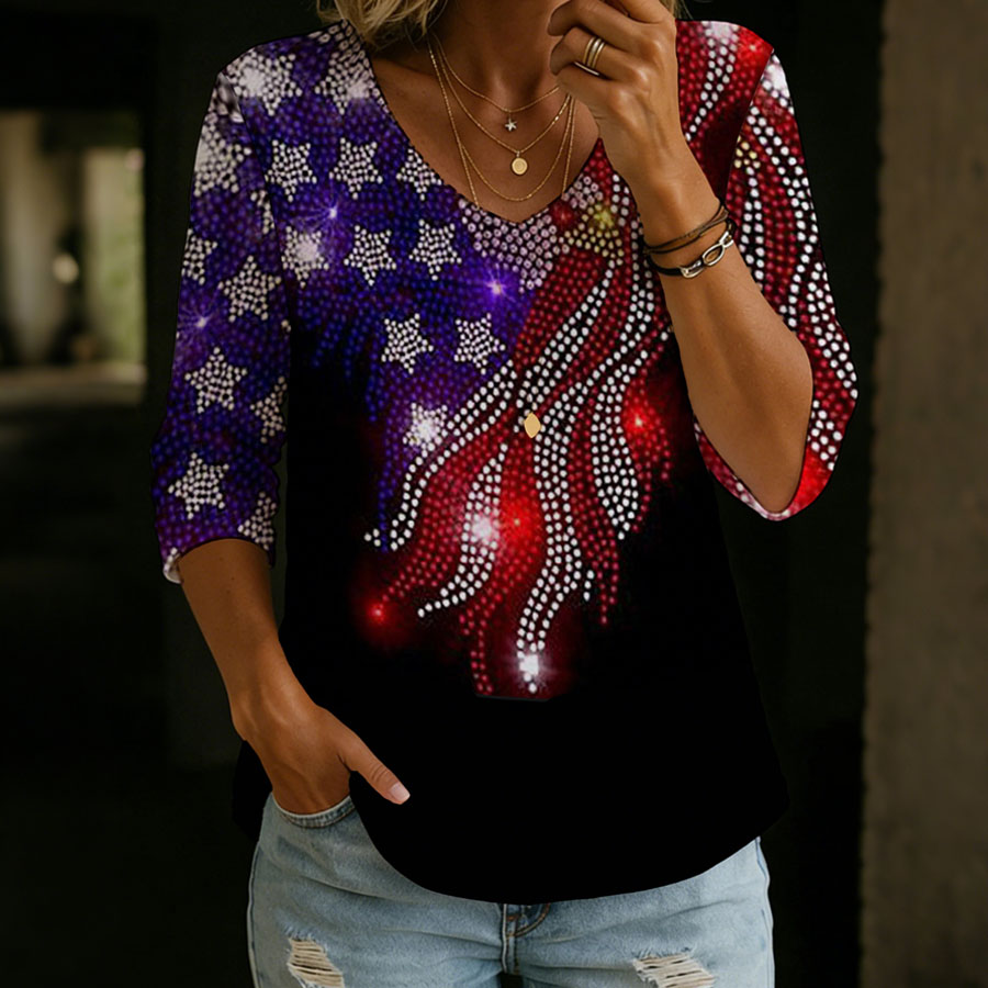 Women'S Independence Day 250Th Anniversary Founding Commemorative Print V-Neck Five Point T-Shirt