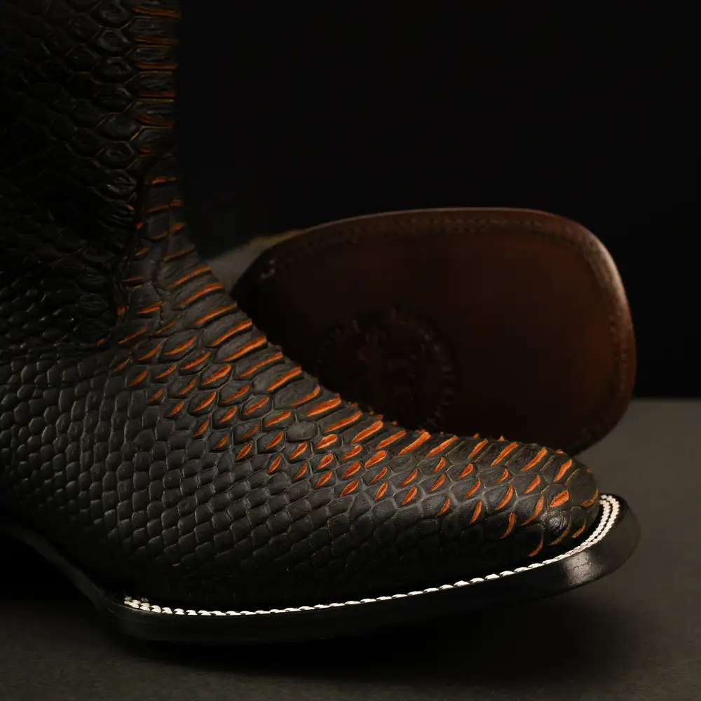 Matte Black Python Leather Boots - Square Toe