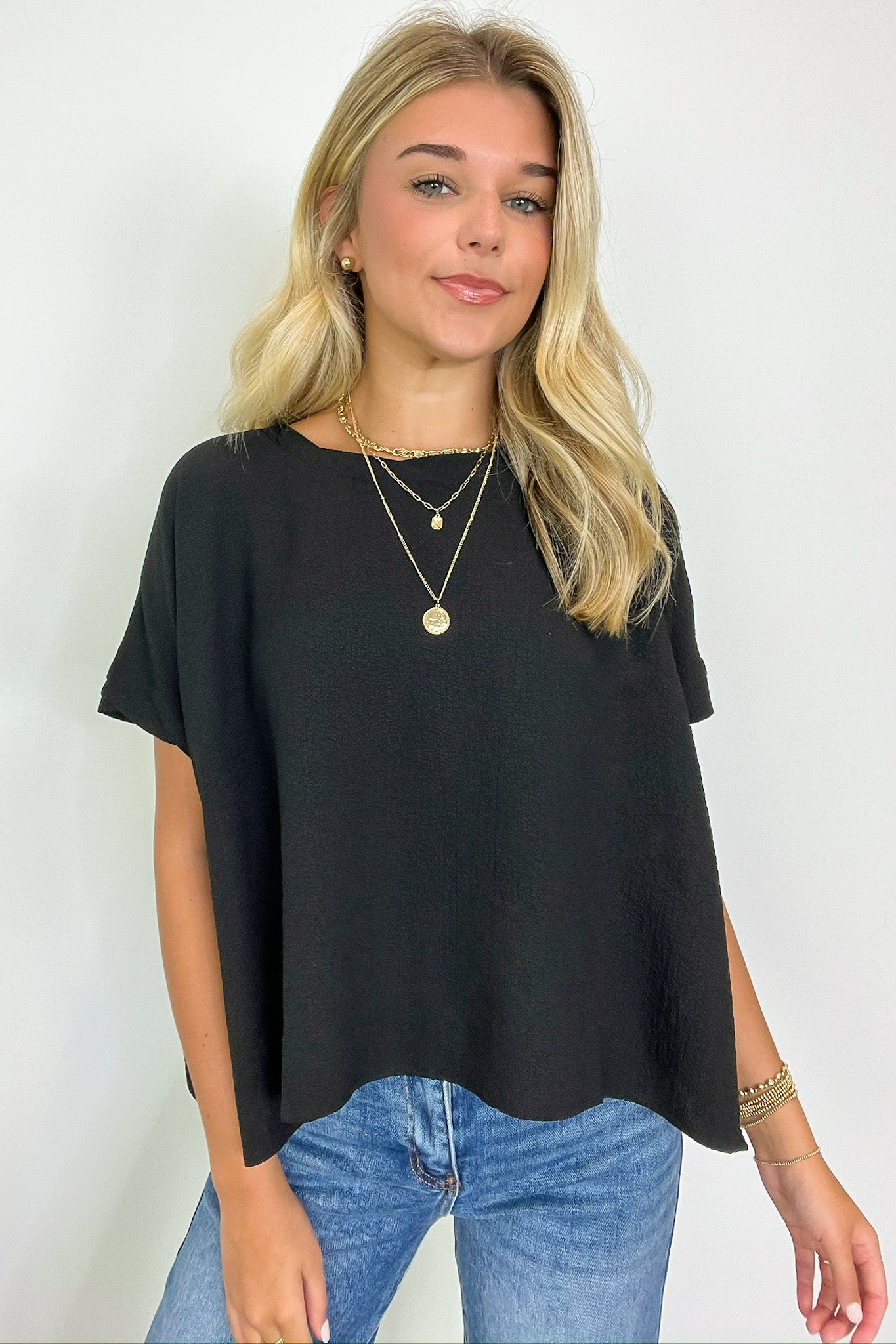Woven Round Neck Flowy Top