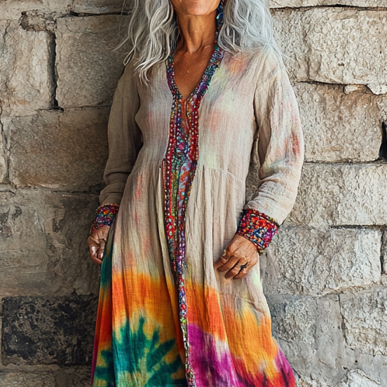 Vintage Loose Linen Patchwork Dress 8a11