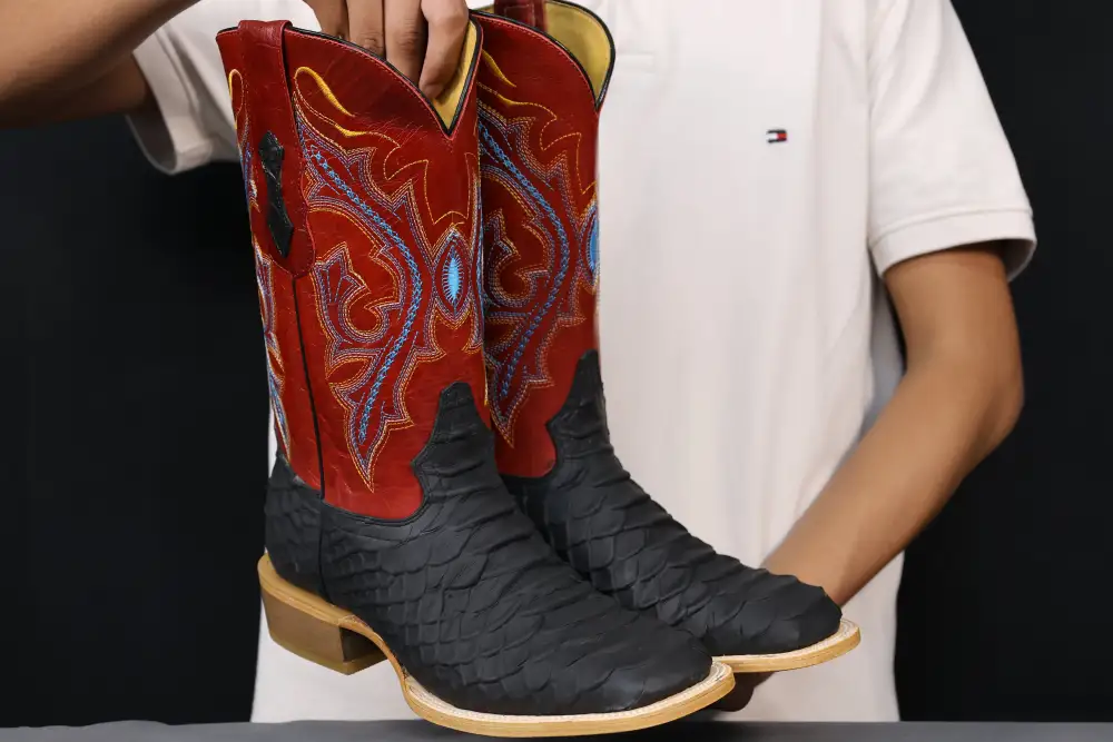 Men’s Black Anaconda Leather Boots With Red Shaft