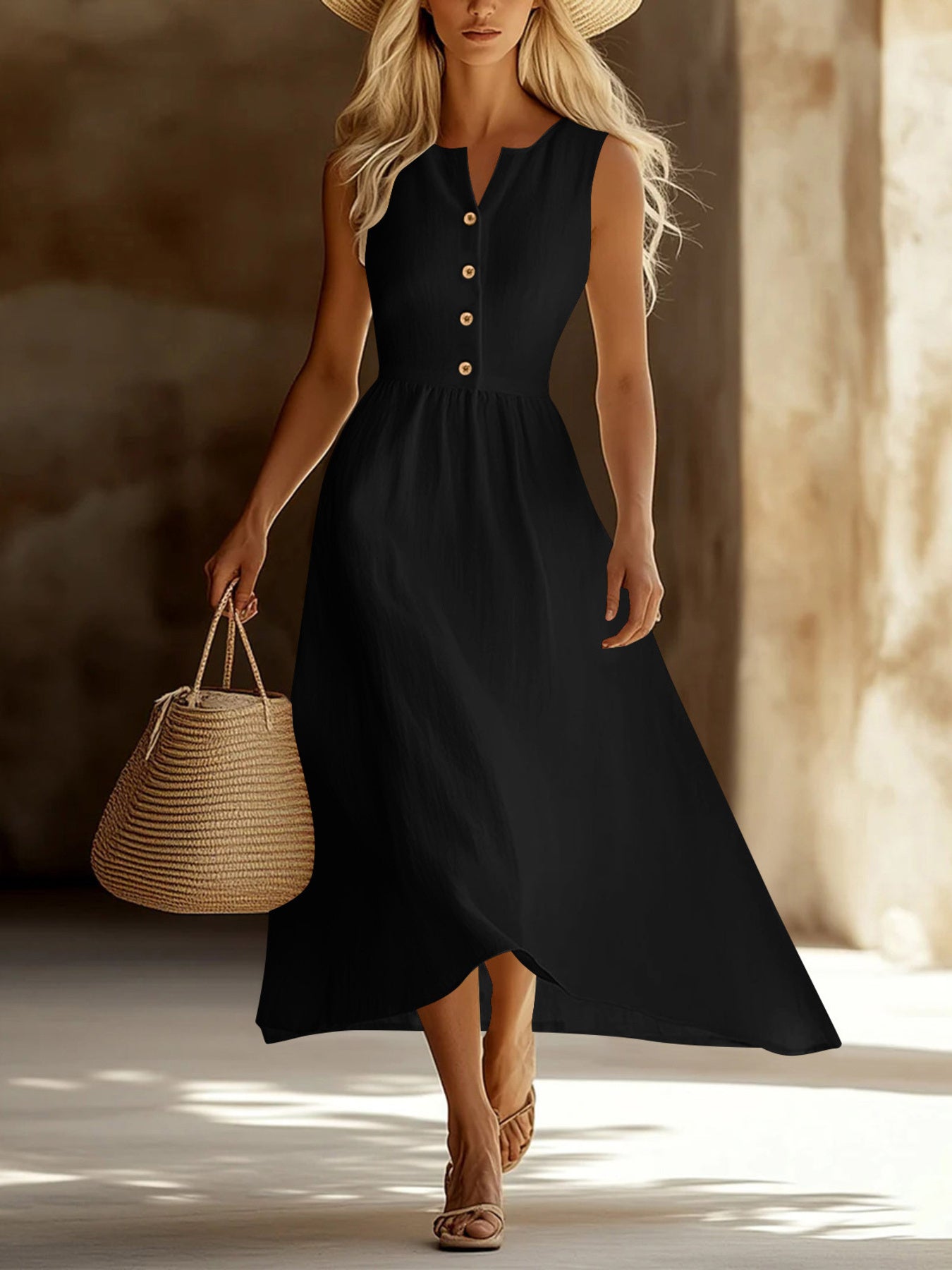 Sleeveless Button Front Flowy Midi Dress
