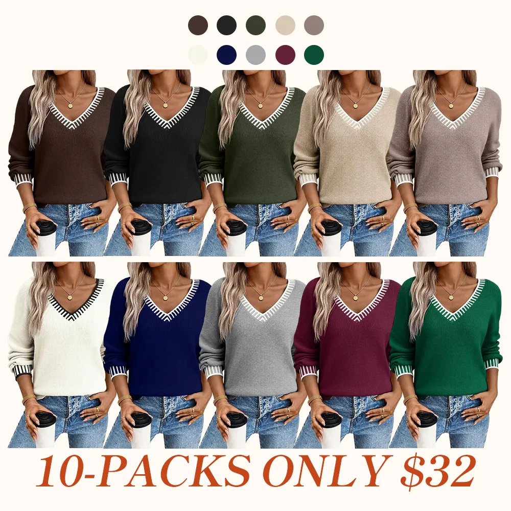 Womens Sweaters Long Sleeve V neck Warm Pullover Knit Tops