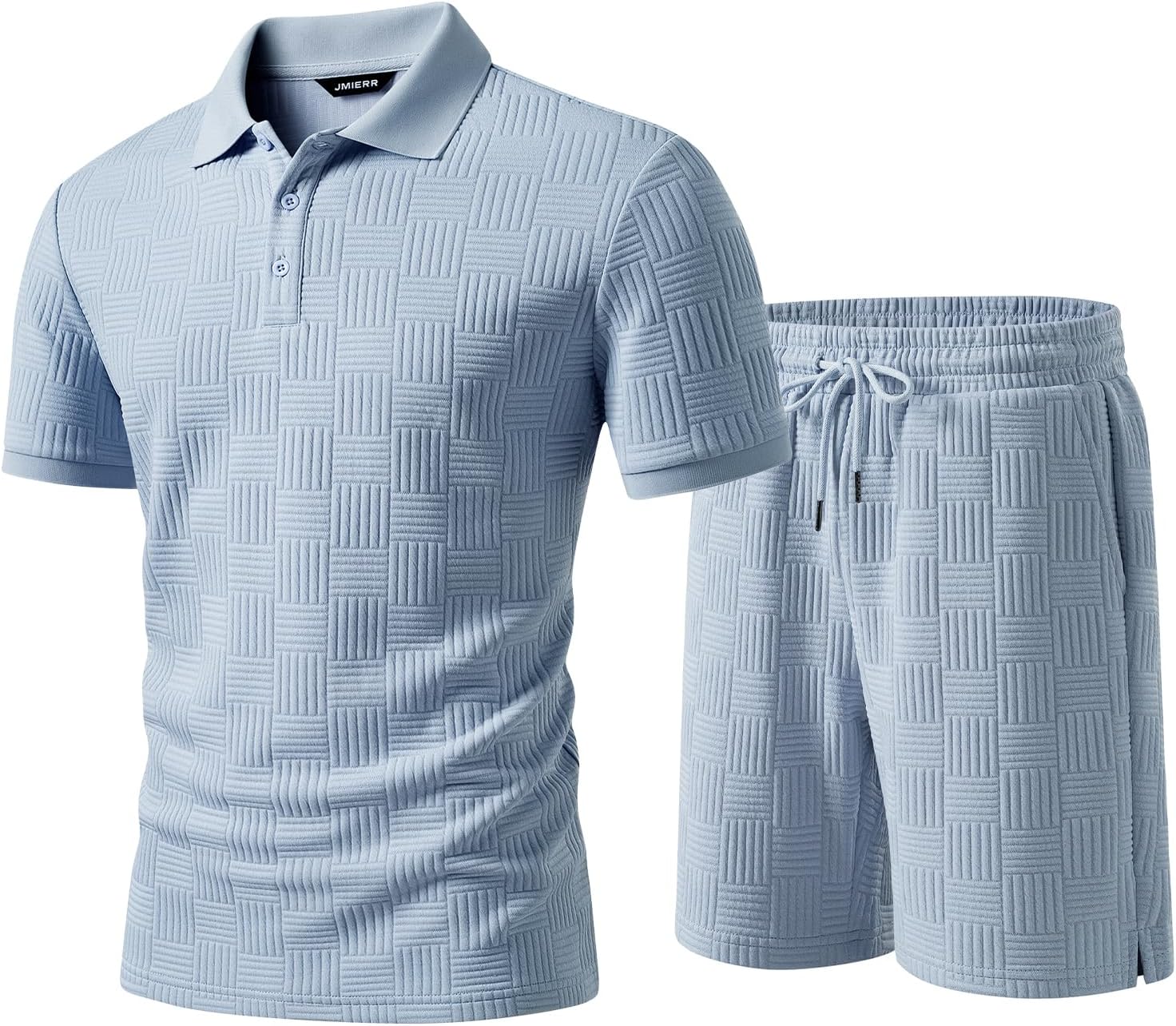 Mens Sweatsuits Sets Summer Tracksuits 2 Piece Outfits Textured Short Sleeve Golf Polo Drawstring Short